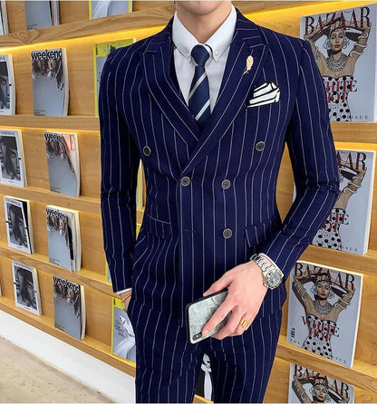 Customized High Quality Men's Pinstripe Tuxedo Suits Peak Lapel 2-Piece Blazer And Pants Set for Formal Wedding