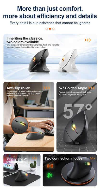 2.4GHz Bluetooth Wireless Mouse Rechargeable Vertical Mice Ergonomic 3Adjustable 1600DPI 6Buttons for Laptop PC Computer Desktop