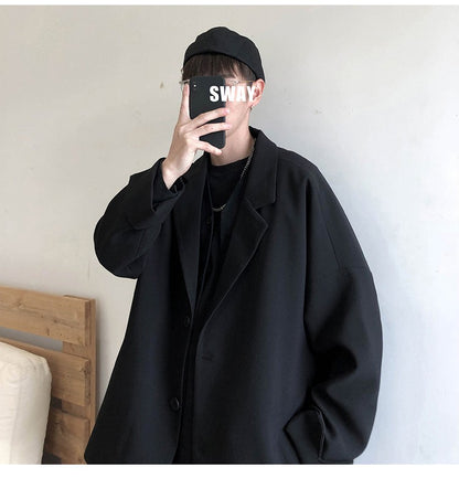 Autumn Men's Casual Solid Color Blazer Korean Style Business Single Trendy Oversize Business Suit Jackets Retro Daily Streetwear