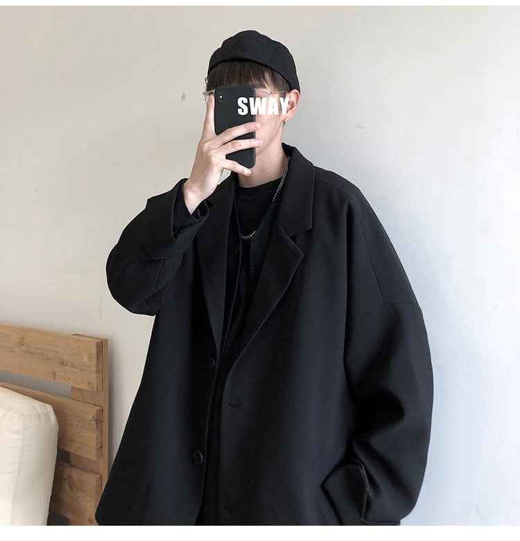 Autumn Men's Casual Solid Color Blazer Korean Style Business Single Trendy Oversize Business Suit Jackets Retro Daily Streetwear