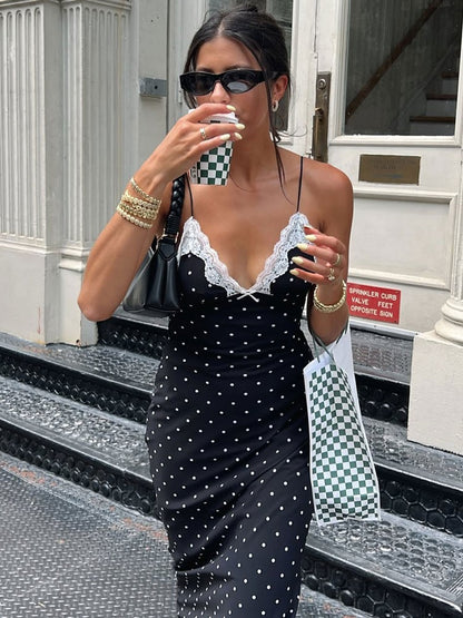 Tossy Lace V-Neck Patchwork Maxi Dress Women Backless High Waist Slim Spaghetti