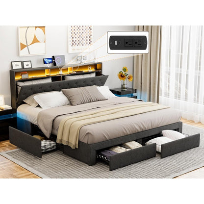 King Bed Frame with Charging Station Storage Headboard Upholstered Linen Button Tufted LED Platform Bed with 4 Drawers