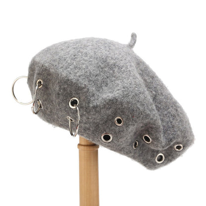 Fashion Winter Berets For Women girl Punk Rock Style Iron Rings Beret Caps Retro Wool Hats Black Woolen Painter Caps