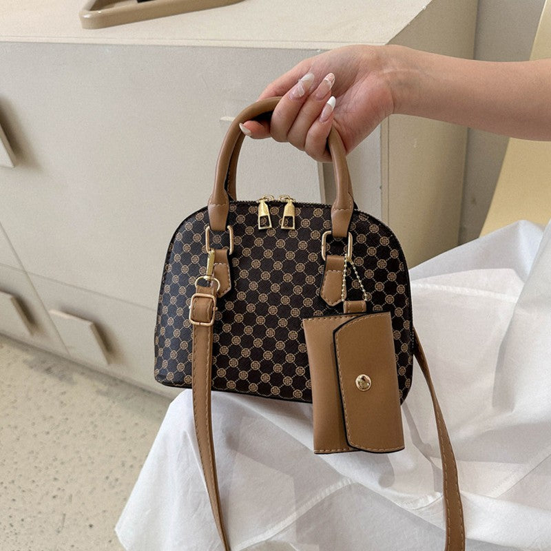 Luxury Shell Fashion Women's Handbag Simple Shoulder Bag Plaid Print Crossbody Bag with Mini Purse