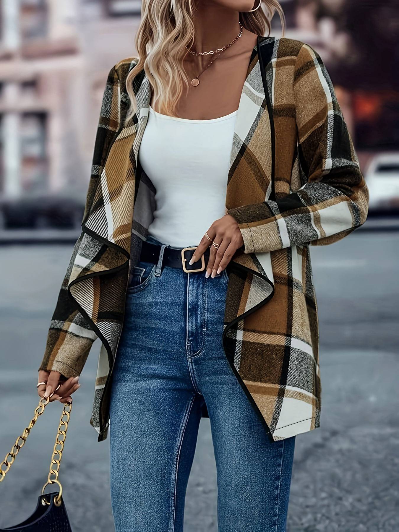 Women Plus Size Woven Open Front Long Sleeve Checkered Pattern Casual Jacket Classic Plaid Outerwear for Spring Autumn