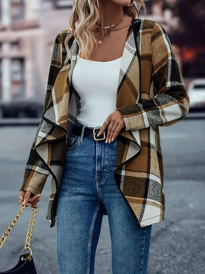 Women Plus Size Woven Open Front Long Sleeve Checkered Pattern Casual Jacket Classic Plaid Outerwear for Spring Autumn