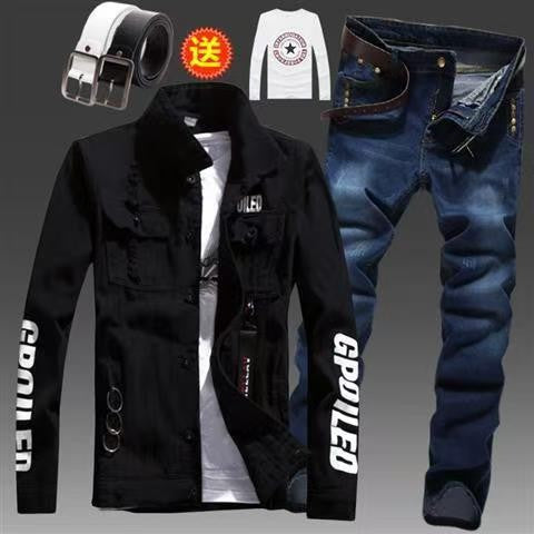 Men's Slim Fit Denim Jacket Pants 2pcs Set Long Sleeve Coats Letters Printed Casual Large Size Black White Red Boys Trousers