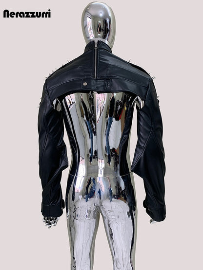 Mauroicardi Cool Black Cropped Pu Leather Jacket Men Rivet Shoulder Pads Zip Up Short Luxury Punk Style Clothes European Fashion