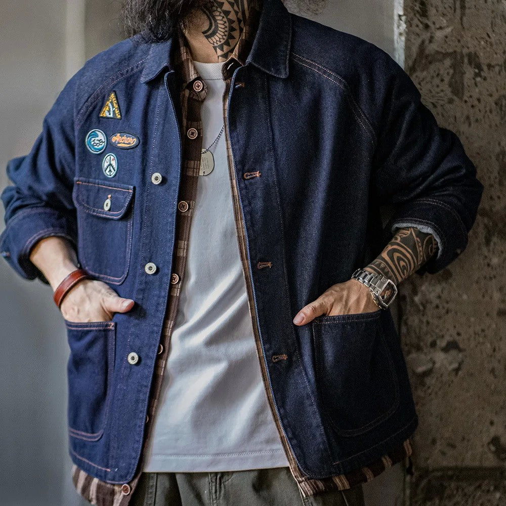 Maden Vintage 12.8oz Heavyweight Denim Jacket Embroidered Badge Washed Lapel Casual Outerwear for Men Spring and Fall Chore Coat