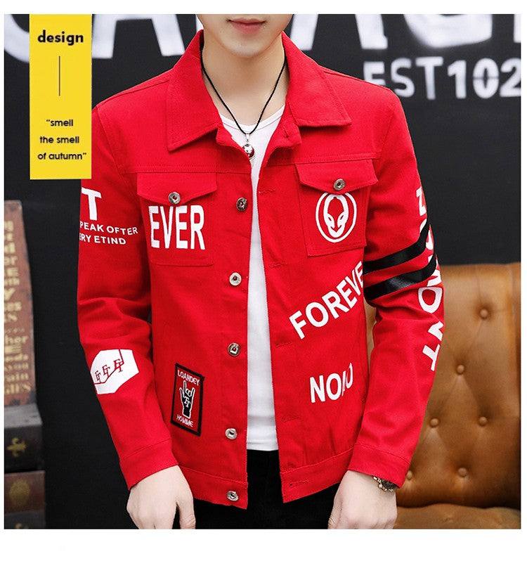 spring autumn New Men's Casual Cotton Denim Jacket Classic Style Fashion Slim Washed Retro Letter printing Jean Casual Coats