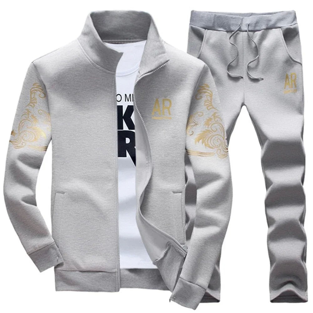 Winter Men's Sports Suit with Fleece and Warm Standing Collar Jacket+men's Drawstring Sports Pants Fashionable Printed Men's Set