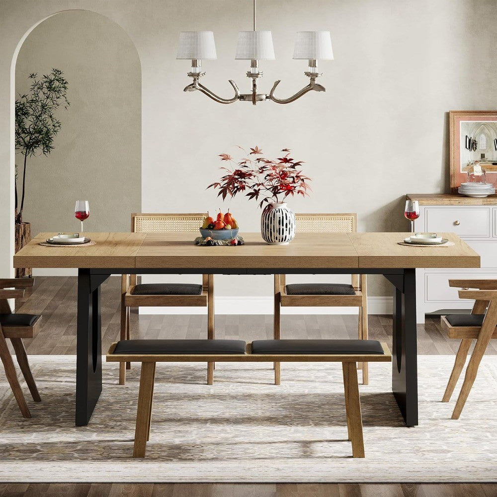 Rustic Rectangular Dining Table by Tribesigns for 6-8 People, 70.9-Inch Wood, Black Wooden Legs, Farmhouse Style Centerpiece