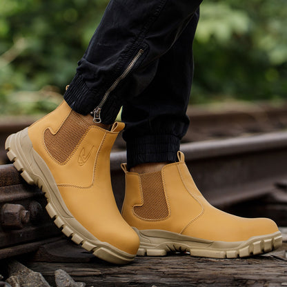 Sapatos de Segurança Impermeáveis Masculinos com Biqueira de Aço Botas de Couro Calçado Masculino Sapatos de Trabalho Indestrutíveis para Construção Marrom