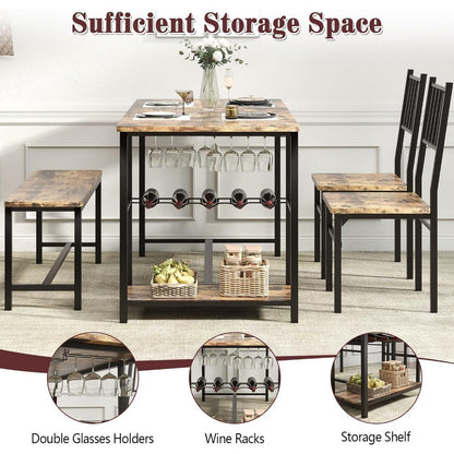 Dining Table Set for 4 with Chairs and Bench, 55" Kitchen Table Chairs Set of 4 with Wine Rack, Wine Glasses Holder, Small Dini