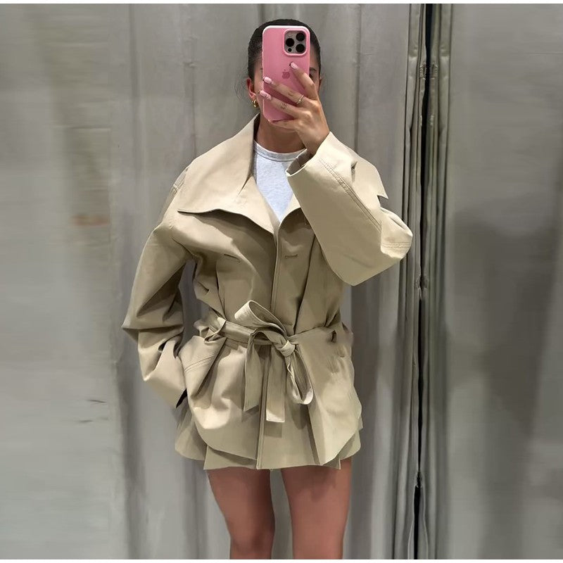 Belted Waist Cropped Trench Double Breasted Stand Collar 2025 Autumn Chic Elegant Women Coat Casual Vintage Office Lady Jacket