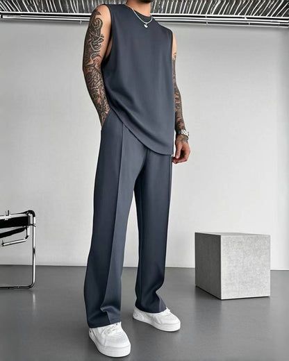 New summer sleeveless sports suit 2025 men's casual solid color trousers men's clothing vest two-piece set,