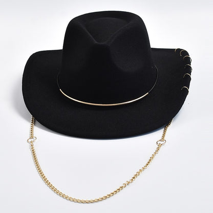 Chapéus Fedora Retrô Femininos Masculinos Chapéu de Jazz em Feltro com Corrente de Metal Aba Curva Chapéu de Cowboy Ocidental Sombrero Hombre