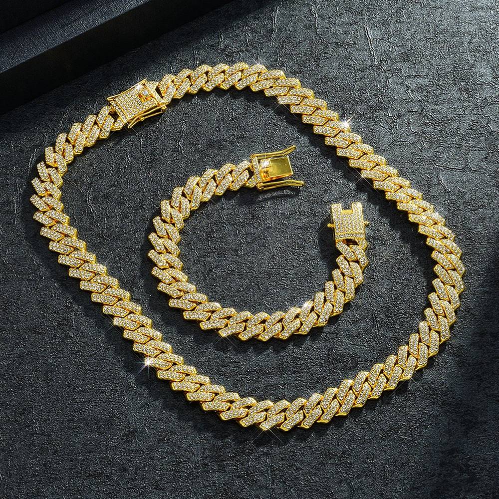 Moda Hip Hop Quadrado 14MM Corrente Cubana Colar Masculino Cor Dourada Feminino Strass Cravejado Corrente Cubana Joias Punk Presente