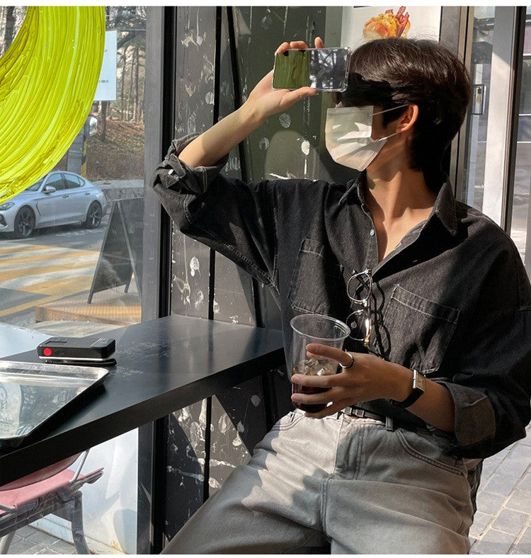 Spring Clothing Men's Denim Long-sleeved Pocket Shirt Casual Korean Turn down Button Streetwear Light Luxury Stylish 2025 New