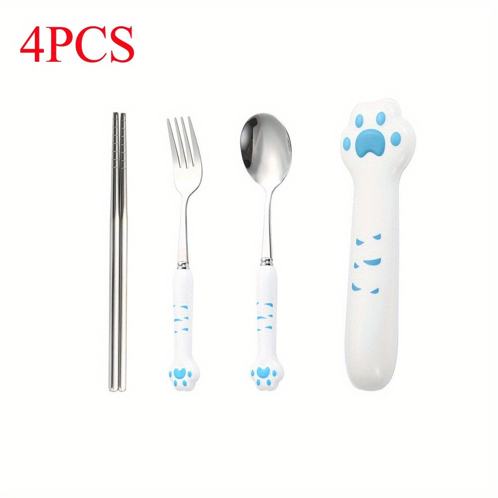 Conjunto de Talheres de Pata de Gato Fofo Garfo e Colher de Aço Inoxidável com Caixa de Armazenamento Louça Talheres Talheres Portáteis para Almoço
