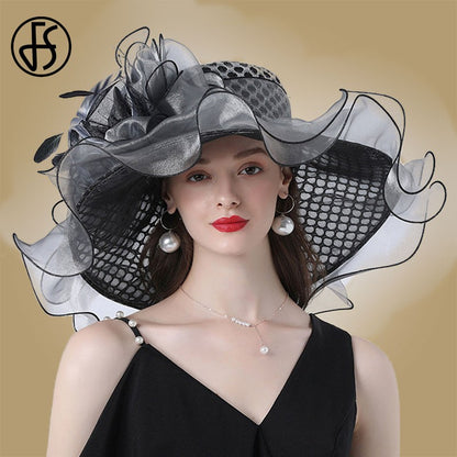 FS Mulheres Organza Vermelha Chapéus Casamento Fascinadores Elegante Grande Aba Larga Fedora Kentucky Derby Chapéus Festa Formal Igreja Chapéu Feminino