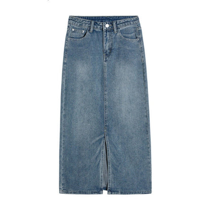 Summer Women High-waist Retro A- line Skirt Pockets Front Slit Washed Blue Denim Skirts Hip-covering Straight Long Jeans Skirt