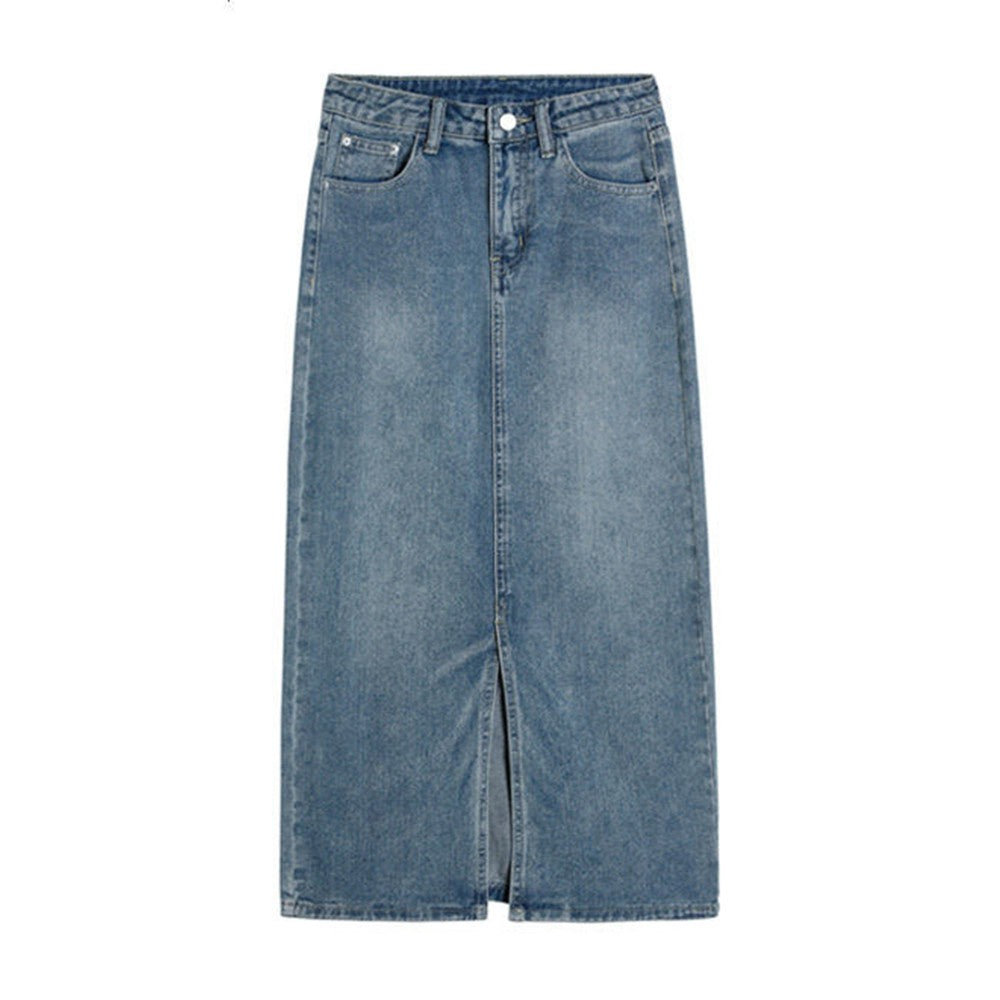 Summer Women High-waist Retro A- line Skirt Pockets Front Slit Washed Blue Denim Skirts Hip-covering Straight Long Jeans Skirt