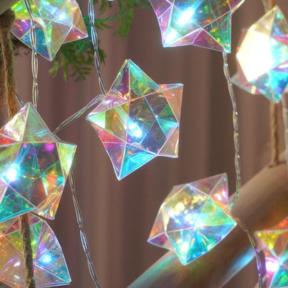 Iridescent 3D Prism Star LED String Lights, Battery Powered Fairy Lights for Indoor Bedroom, Wedding, Window & Home Party Decor