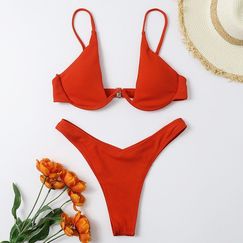 Sexy Underwire Bikini 2025 Mujer Women Solid Red Push Up Bra Thong Swimsuit Haler V Neck Bathing Suit Mini Micro Thong Swimwear
