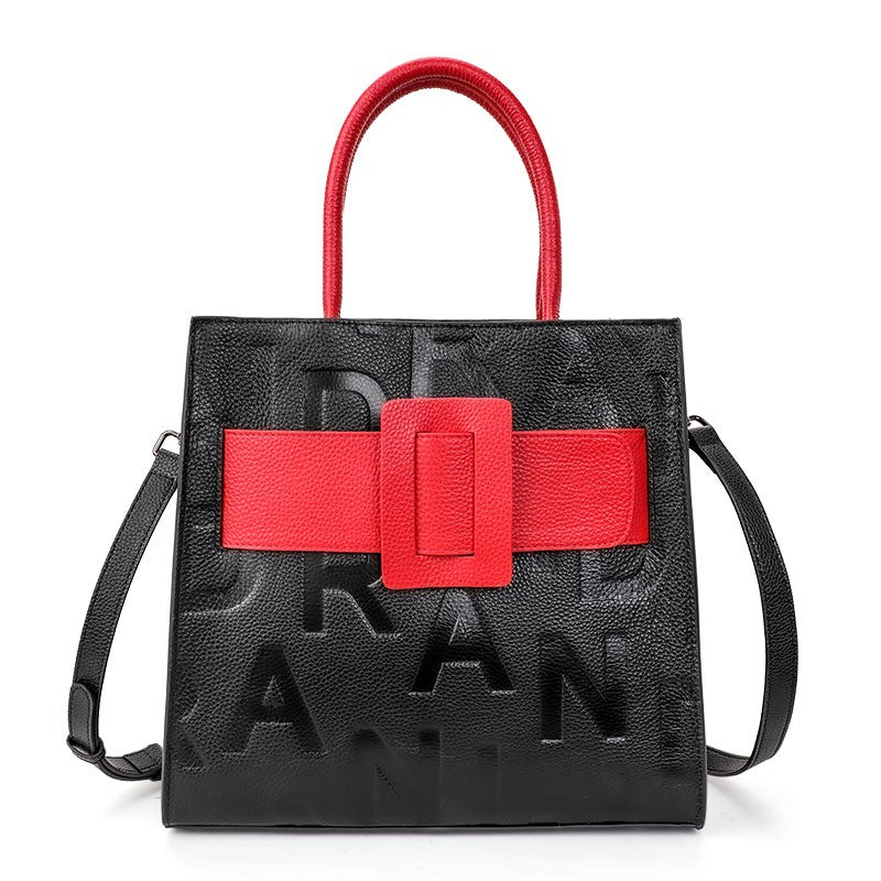 Aidrani women's large capacity handbag with letter print design, made of cowhide material, black