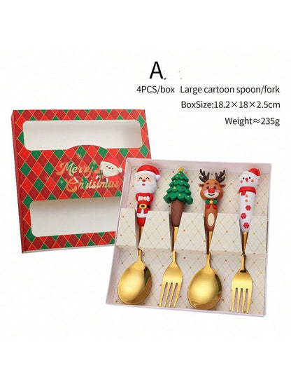 Christmas Spoon And Fork Sets Stainless Steel Tableware Coffee Tea Dessert Spoon And Fork Xmas Gifts For Guest New Year Gifts