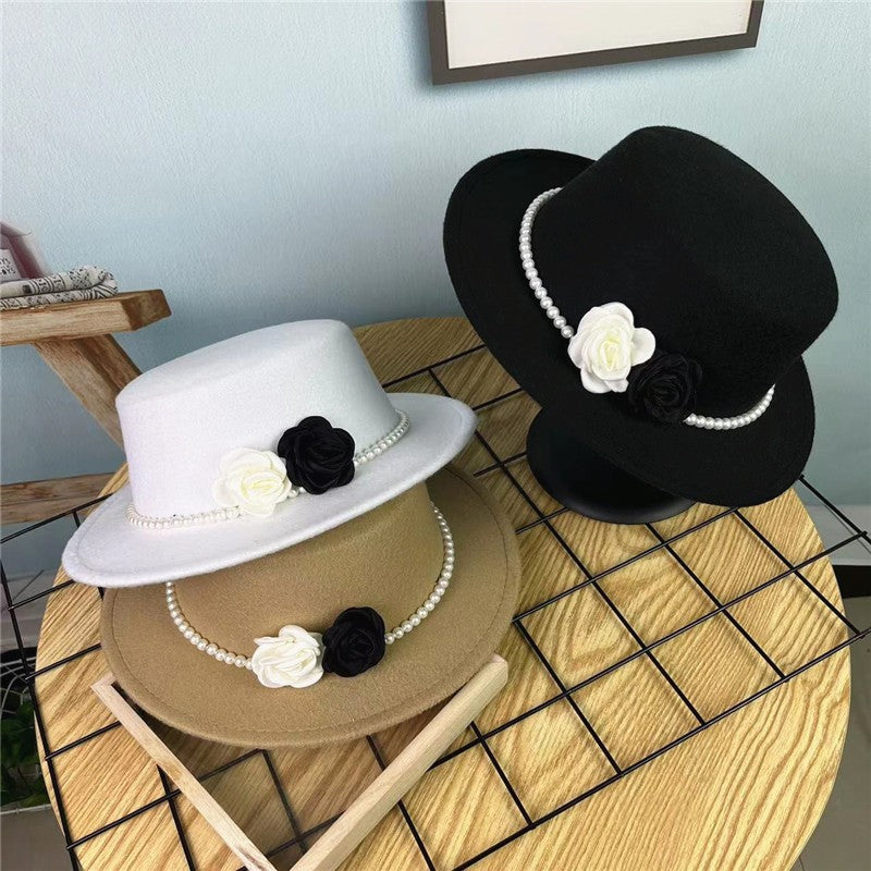 Chapéu Fedora Feminino Corrente Floral Alta Costura com Alfinetes de Pérola Boné em Relevo Preto Branco Outono Inverno Chapéu de Aba Larga para Meninas