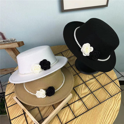 Chapéu Fedora Feminino Corrente Floral Alta Costura com Alfinetes de Pérola Boné em Relevo Preto Branco Outono Inverno Chapéu de Aba Larga para Meninas