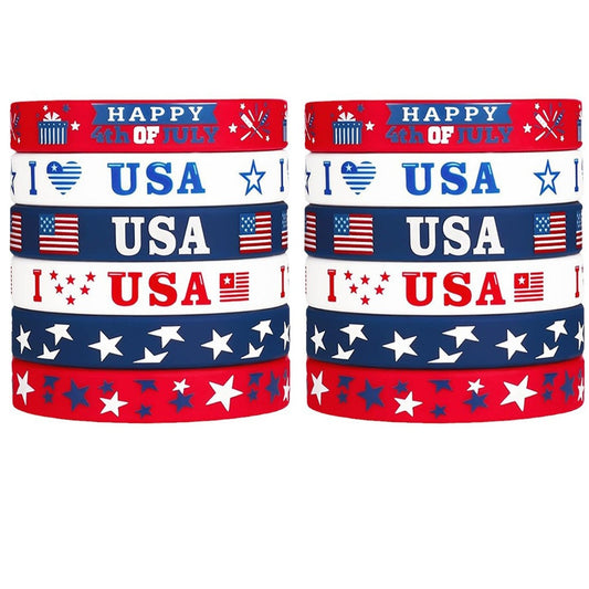 12Pcs Independence Day Theme Bracelet I Love USA Silicone Wristbands for 4th of July American National Day Birthday Party Favors