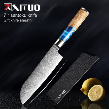 XITUO Kitchen Knives Set Damascus Steel VG10 Chef Knife Cleaver Paring Bread Knife Blue Resin Stabilised Wood Handle 1-7PCS set