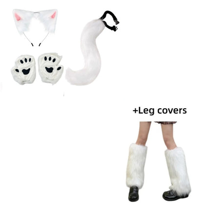 Costume Set Fox Tail Ears Gloves Artificial Fur Boot Covers Cosplay Halloween Prop Adult Women Men Unisex