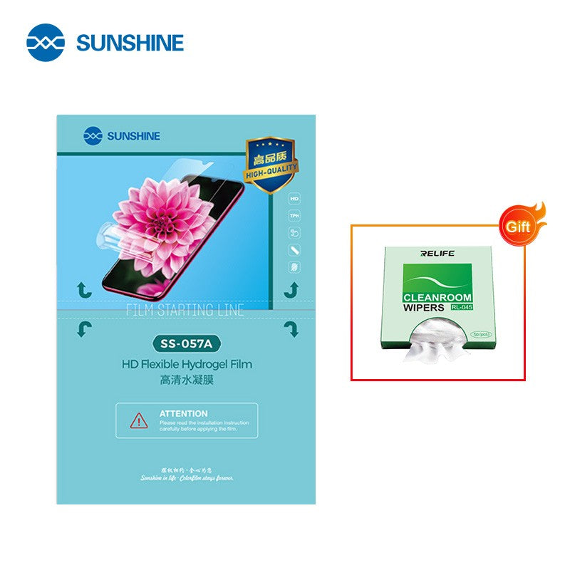 SUNSHINE SS-057A 50 peças de película hidráulica flexível IP para celular, película frontal cortada para máquina de corte de película automática, ferramentas frontais