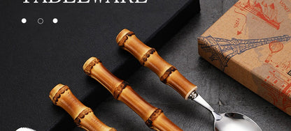 Conjunto de Talheres com Cabo de Bambu Natural, Talheres de Aço Inoxidável, Talheres de Cozinha, Inclui Garfos Colheres Facas Talheres