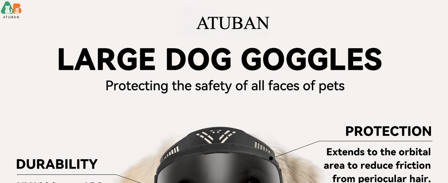 Óculos de proteção para cães ATUBAN raças grandes, óculos de sol de proteção UV de rosto inteiro para cães, proteção contra vento, poeira e neve para olhos de animais de estimação