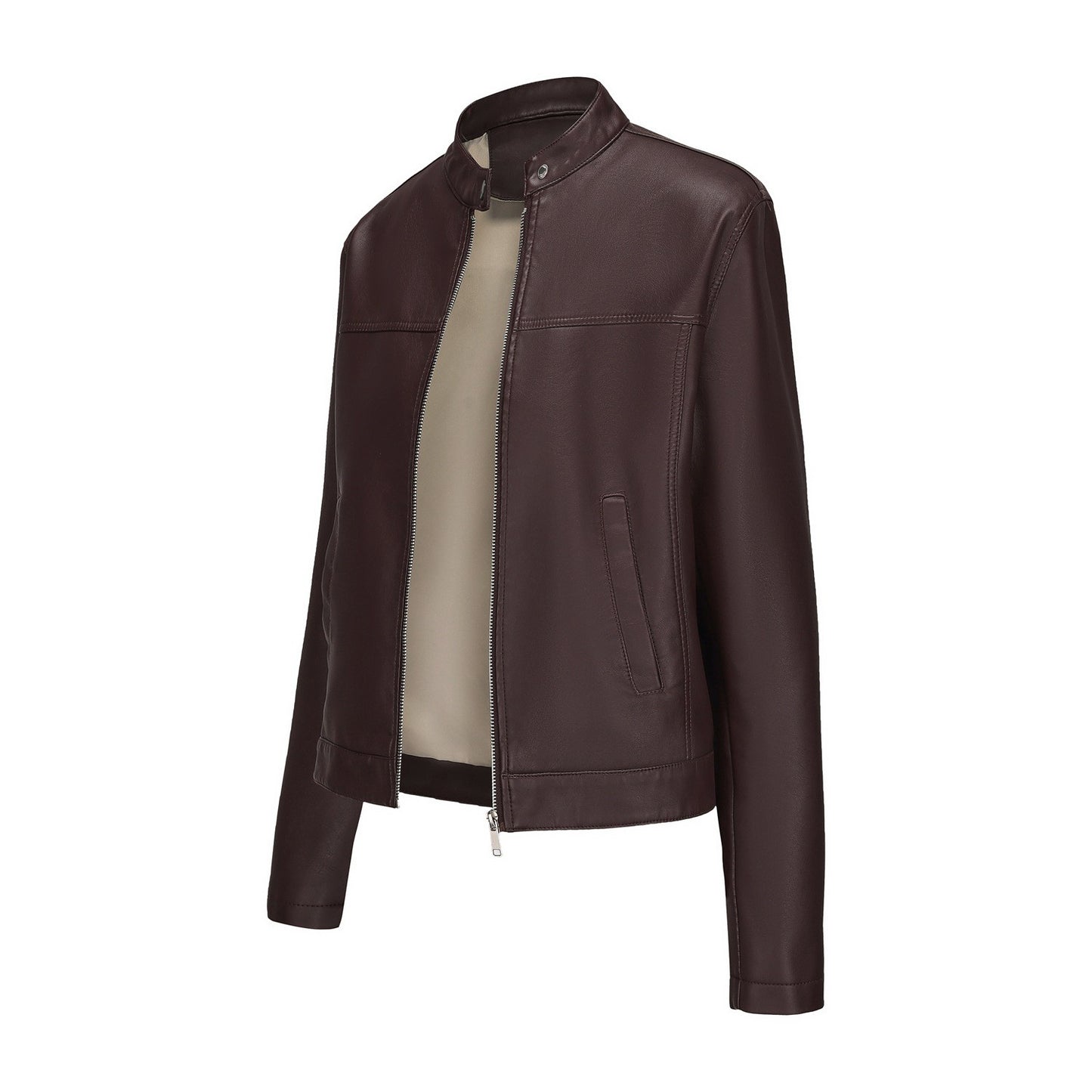 Black Women's Fitted Leather Jacket with Front Zipper & Side Pockets?, Available in Brown, Navy Blue, and Beige.