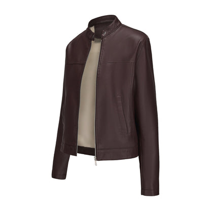 Black Women's Fitted Leather Jacket with Front Zipper & Side Pockets?, Available in Brown, Navy Blue, and Beige.