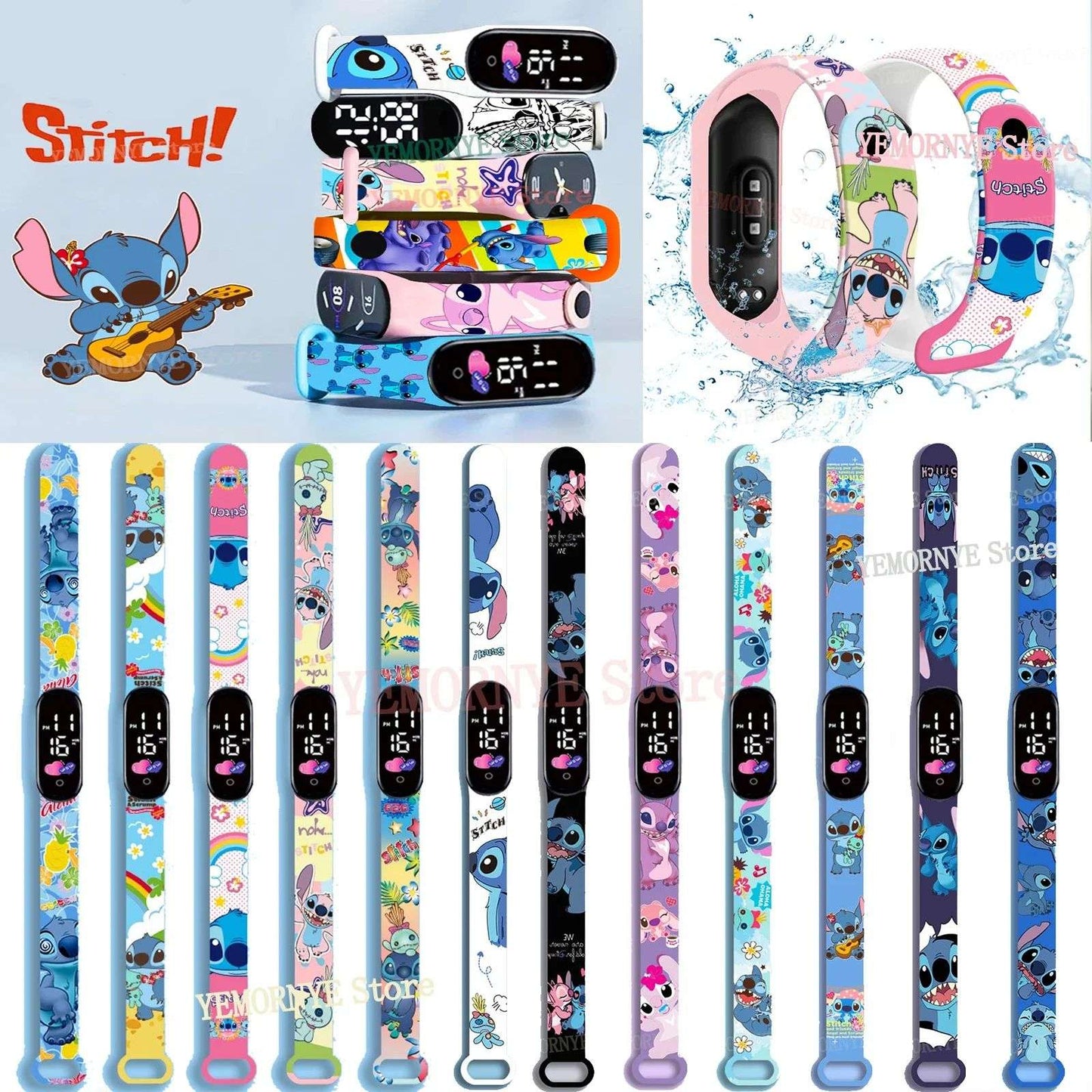 Relógios Digitais Infantis Disney Stitch Figuras de Anime LED Touch Luminoso Relógio Digital Esportivo Infantil à Prova D'Água Brinquedos de Aniversário