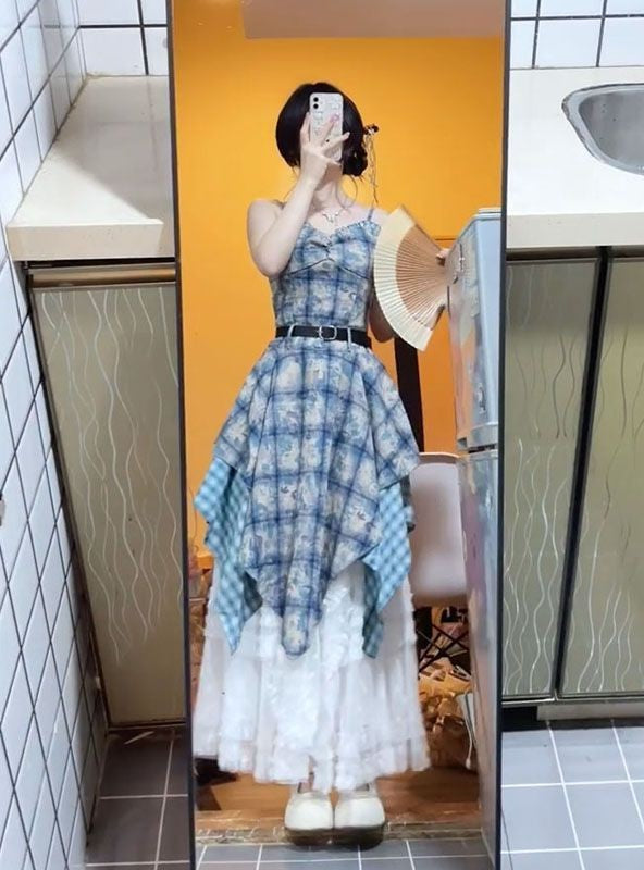 Watercolor Gingham Slip Dress Women 2025 Summer Sweetheart Aesthetic Asymmetric Tie Waist A Line Dreamcore Romance