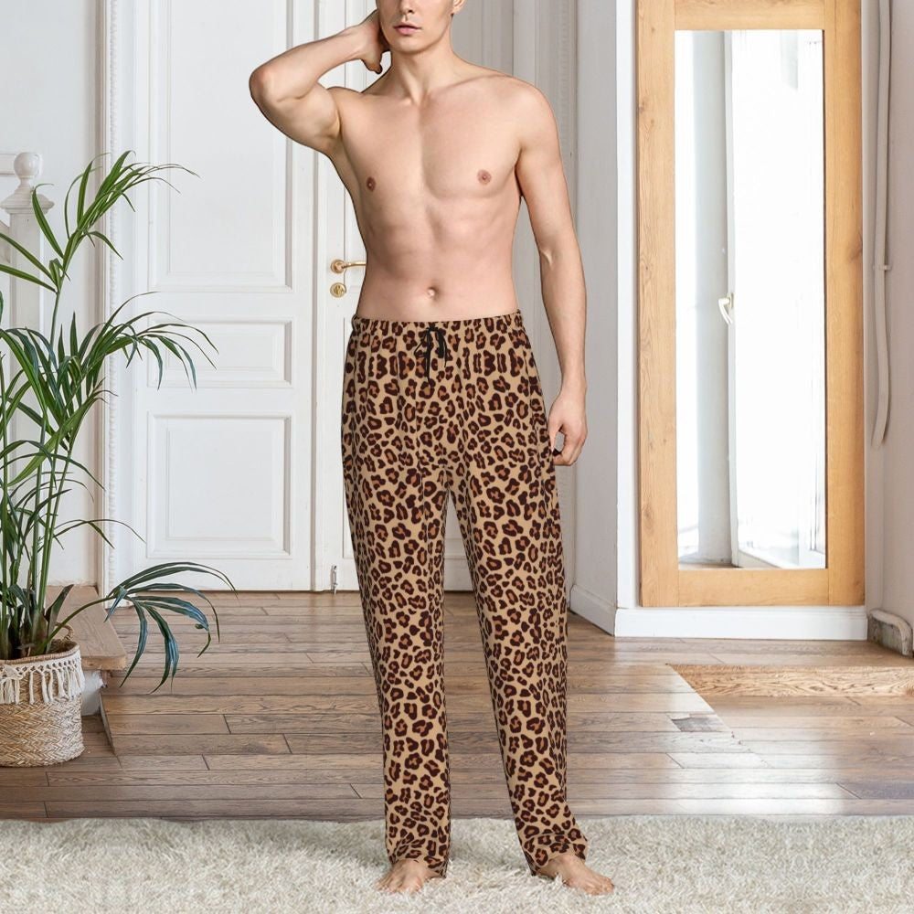 Custom Leopard Print Pajama Pants Men's Animal Skin Sleepwear Lounge Sleep Bottoms Stretch with Pockets