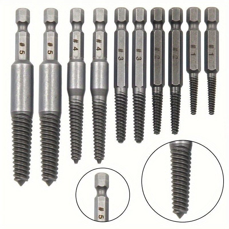 Conjunto de Extratores de Parafuso com Haste Hexagonal de 10 peças, Extrator de Parafuso Quebrado, Chave de Fenda para Remover Parafusos Quebrados, Conjunto de Ferramentas para Furadeira Elétrica