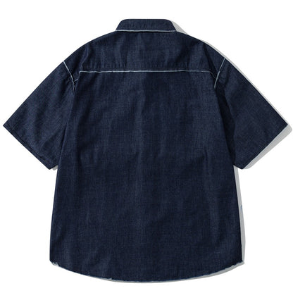 Vintage Raw Edge Denim Shirts Mens Streetwear Harajuku Short Sleeve Shirt Men Loose Casual Cargo Blouse Japan Style Tops Male