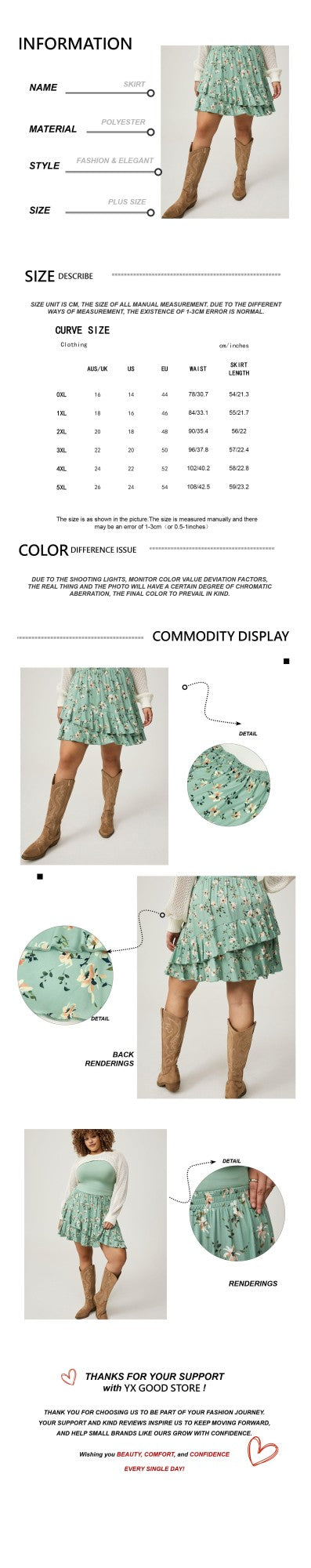 Plus Size Mint Floral Skirt Women's Pink Ruffle Hem Summer Style Free Shipping