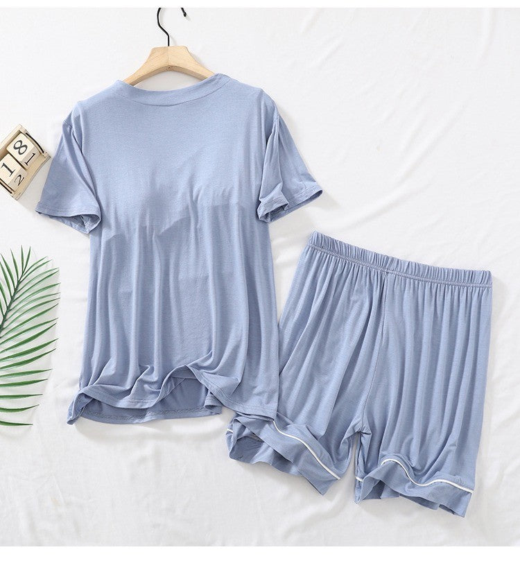 Sexy Nightwear Women Short Sleeves and Shorts with Chest Pads Pajamas Two-Piece Set of Comfortable Solid-Coloured Student Home W