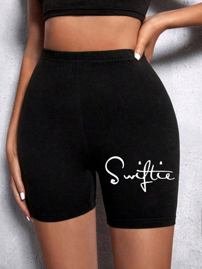 Trend Women Sports Shorts  Simple White Line Letter Graphic Print Tight Shorts High Elastic Comfortable Soft Thin Female Clothes