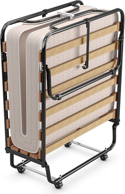Folding Bed with Mattress, Rollaway Guest Bed w/ 4 Inch Memory Foam Mattress, Sturdy Metal Frame, Portable Bed Cot Size
